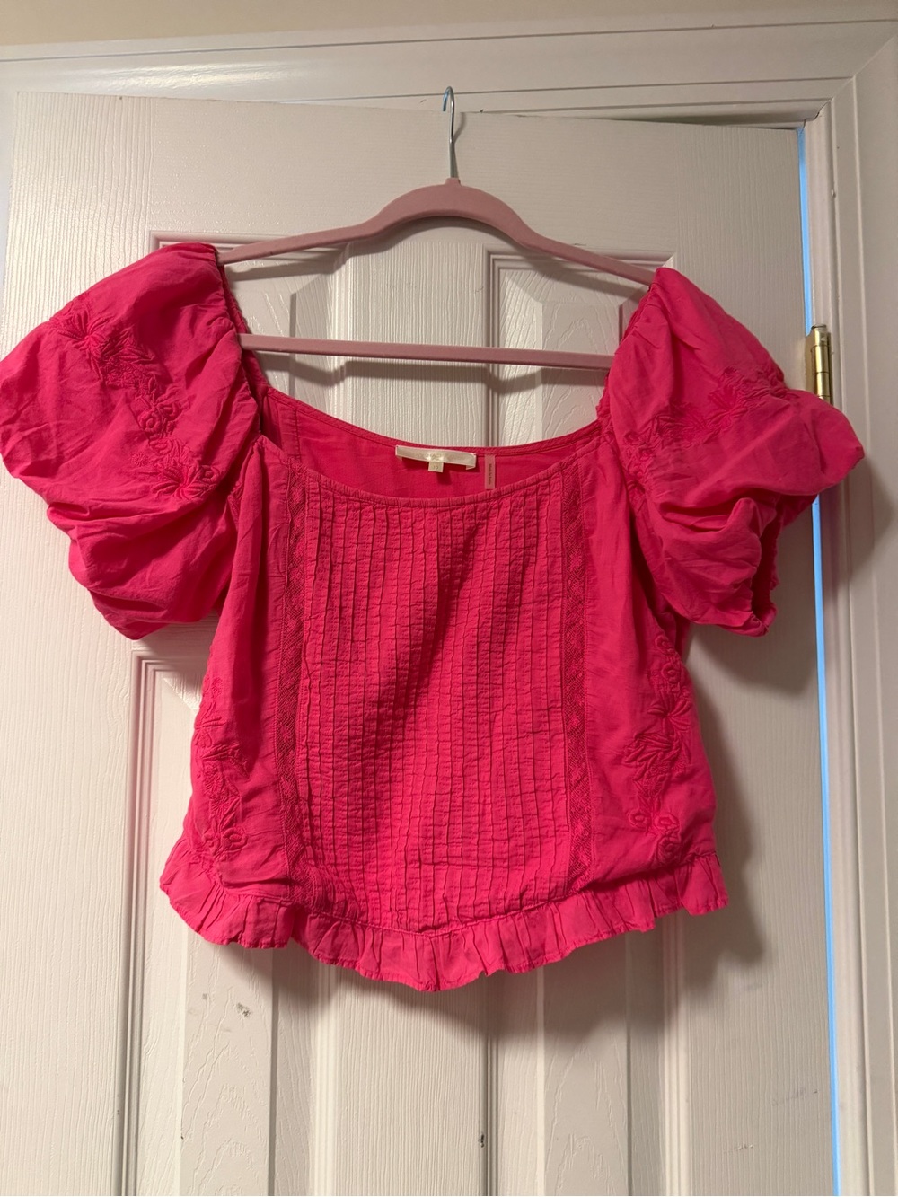 LoveShackFancy Breonna Top Hot Pink Puff-Sleeve Blouse